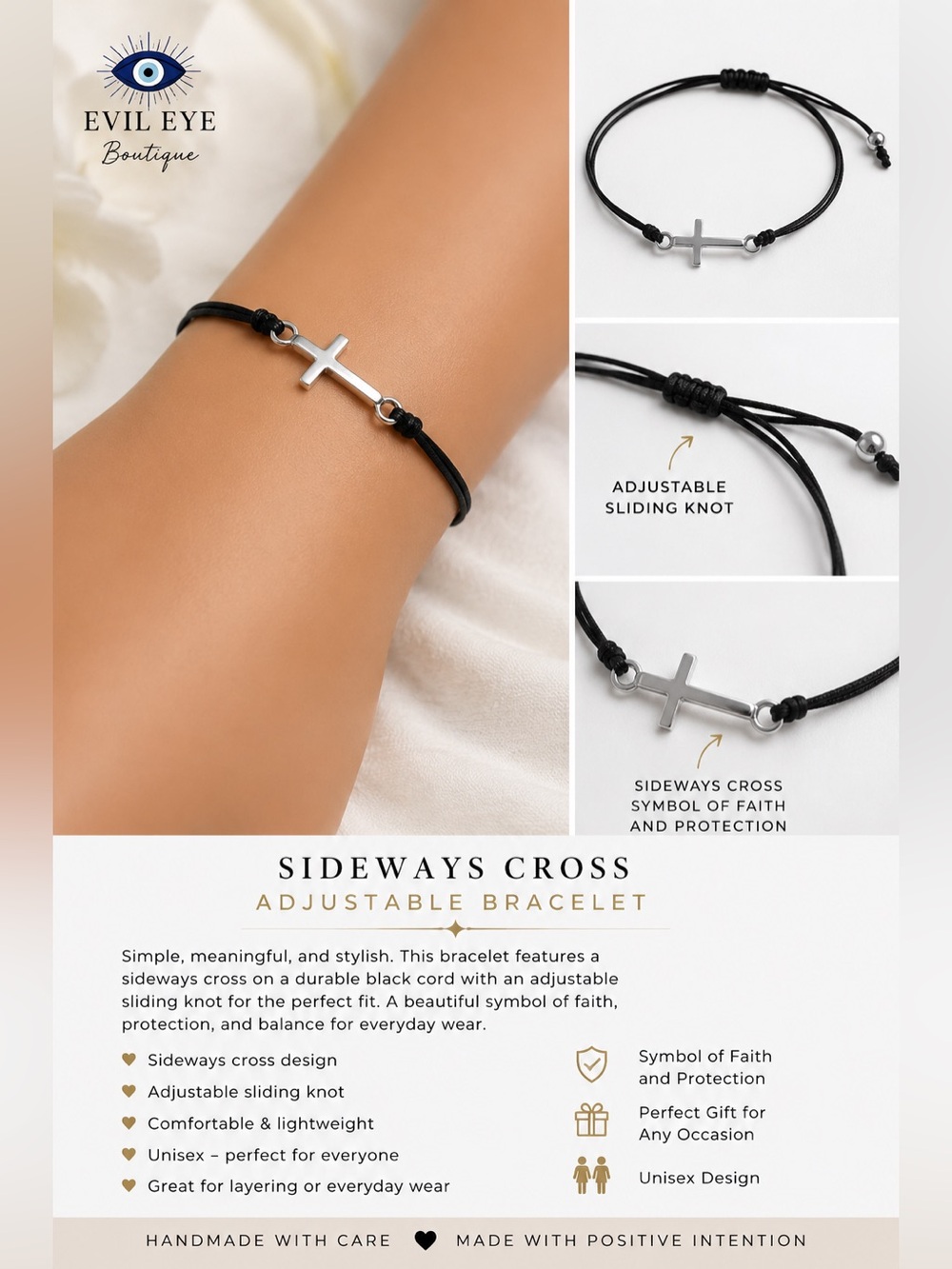 Sideways Cross Adjustable Bracelet - Black Cord with Silver Cross - Picture 1 of 1
